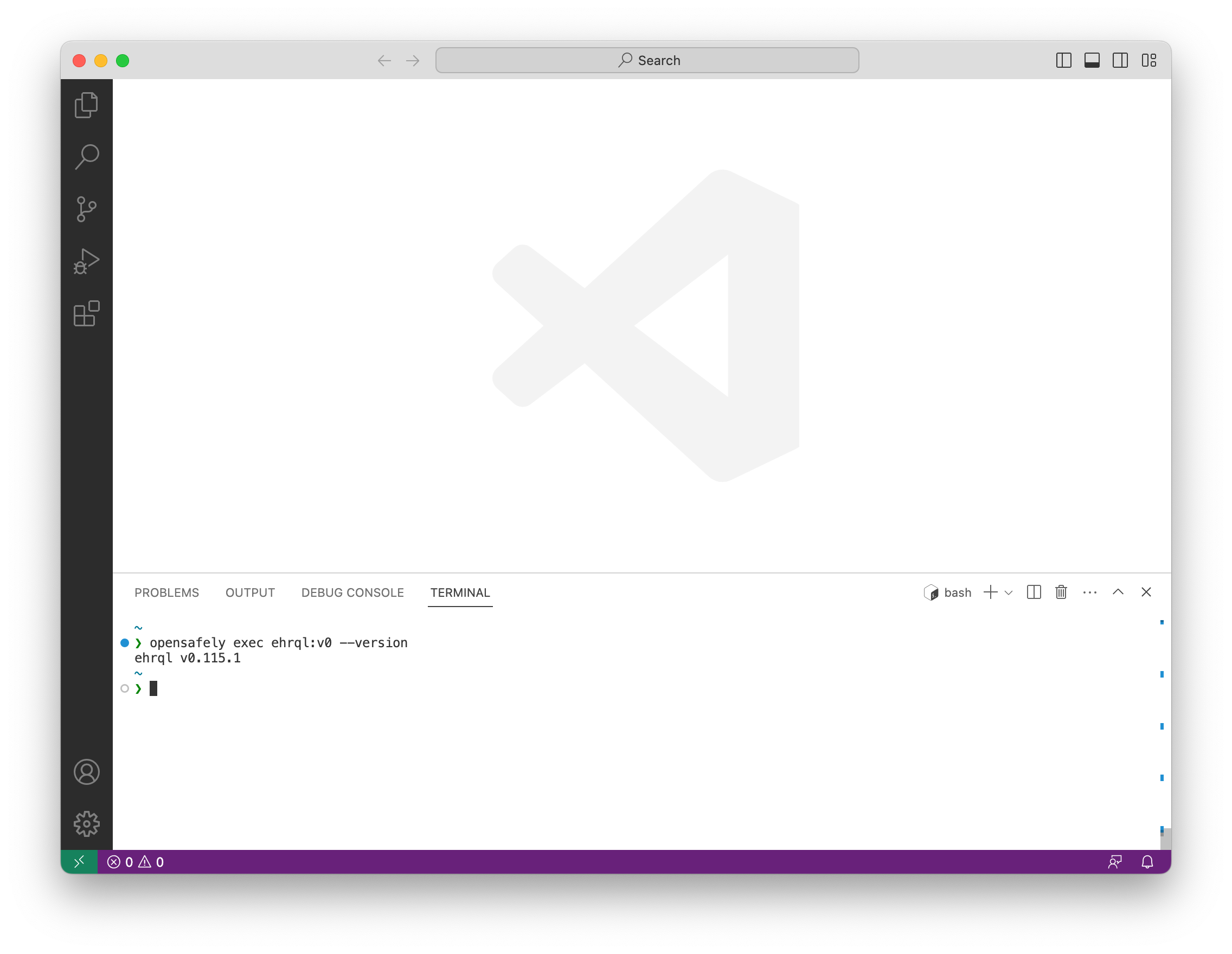 A screenshot of VS Code, showing the terminal after the opensafely exec command was run