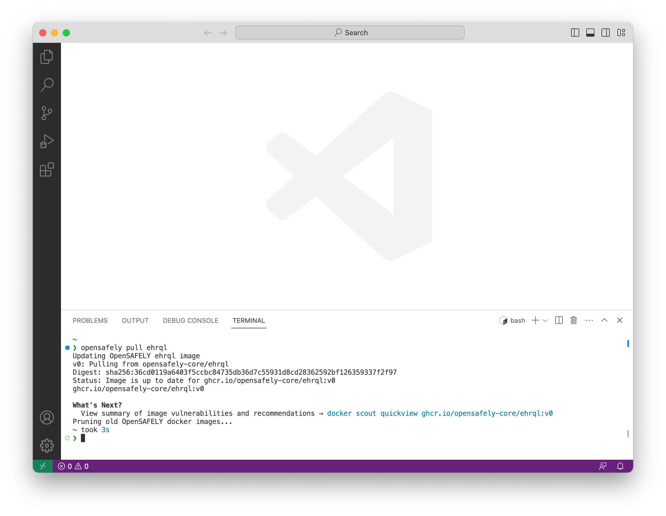 A screenshot of VS Code, showing the terminal after the opensafely pull command was run