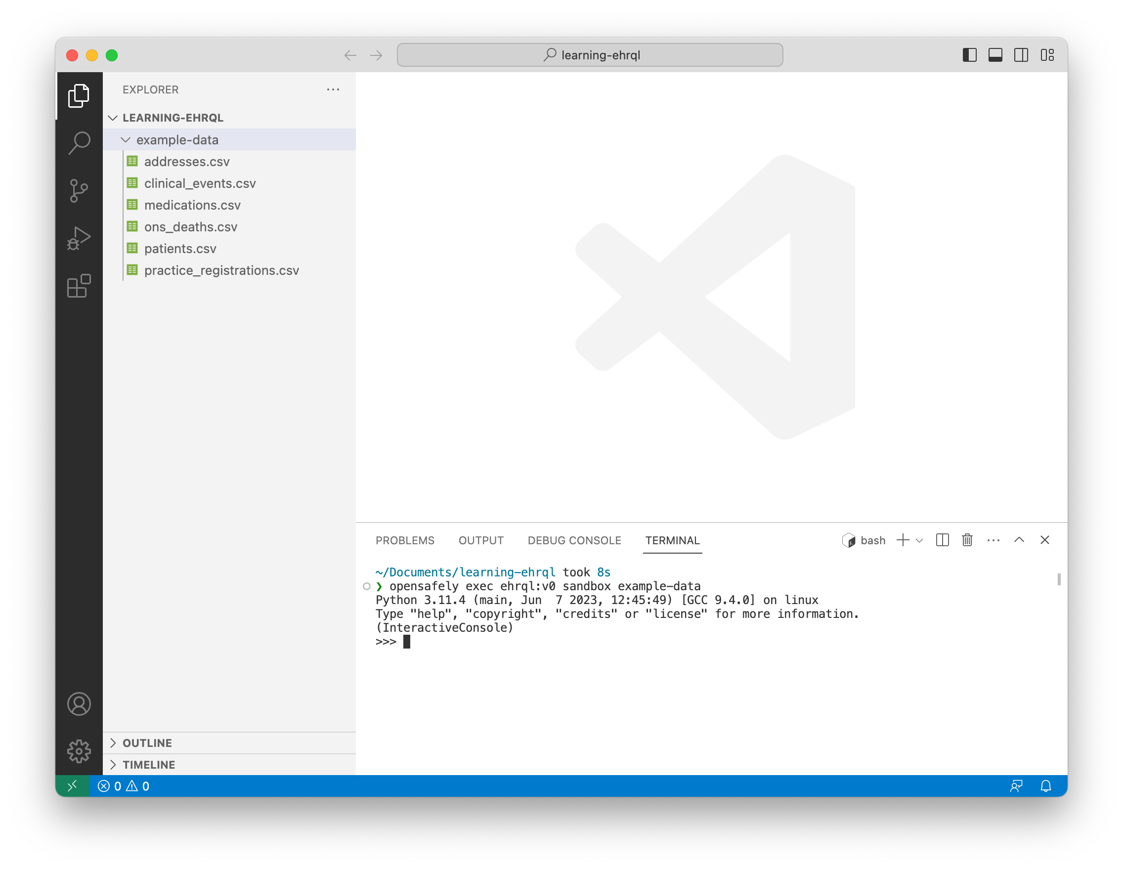 A screenshot of VS Code, showing the sandbox