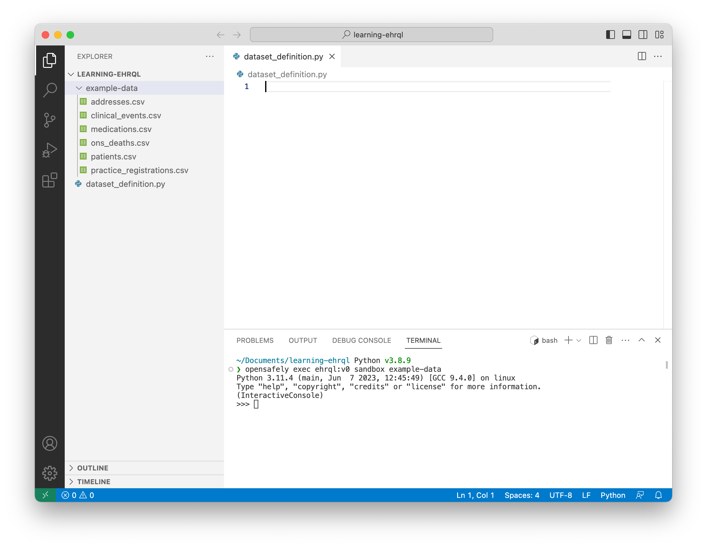 A screenshot of VS Code, showing an empty dataset definition